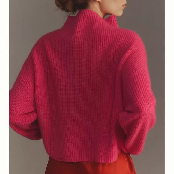 Anthropologie The Enza Ribbed Cashmere Mock Turtleneck Cropped Sweater, Pink, M - Picture 2 of 10